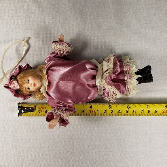 Vintage Doll Style Christmas Ornament Girl In Pink Dress Blonde Hair Flower Hat - Picture 9 of 9